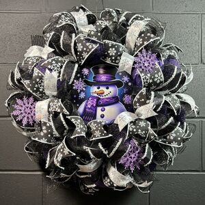 Christmas Snowman Wreath Black and Purple Winter Door Decor Handmade 24 inch